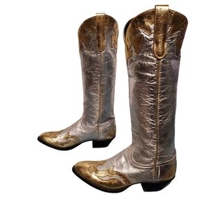 Vintage Tony Lama Tall Silver/Gold Cowboy Western Boots Women's Size 7M